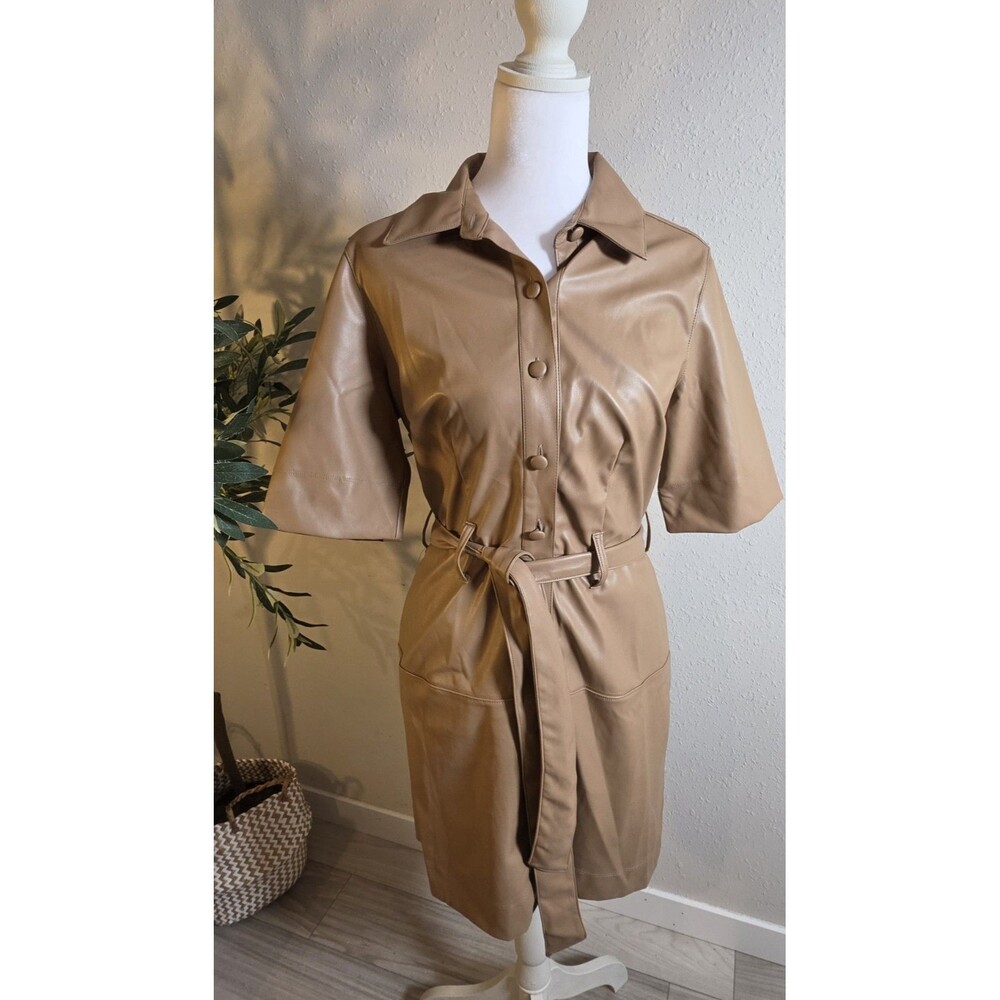 Womenโs Small Tan Faux Leather Belted Shirt Dress Utility MidiChic